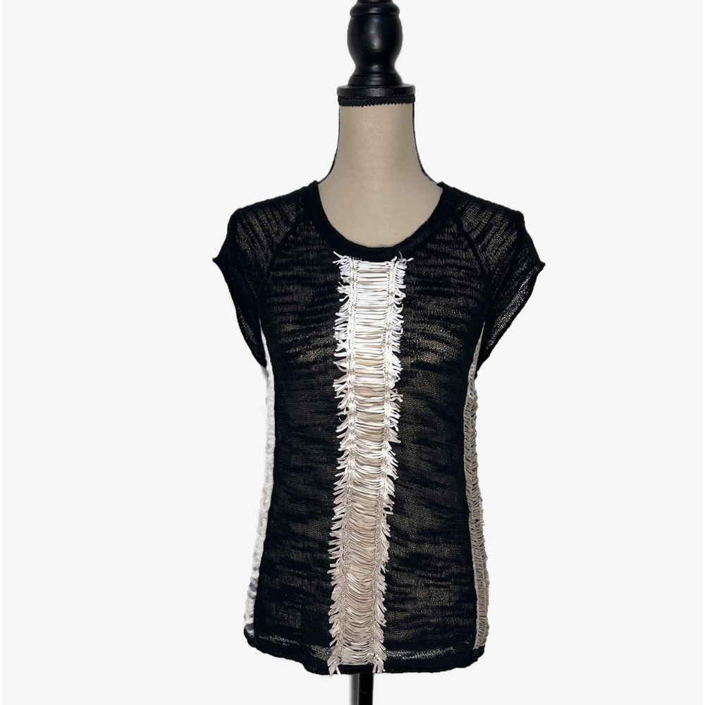 Curio Ribbon Cut Slub Knit Texture Top size Small Black Boho Chic Sheer